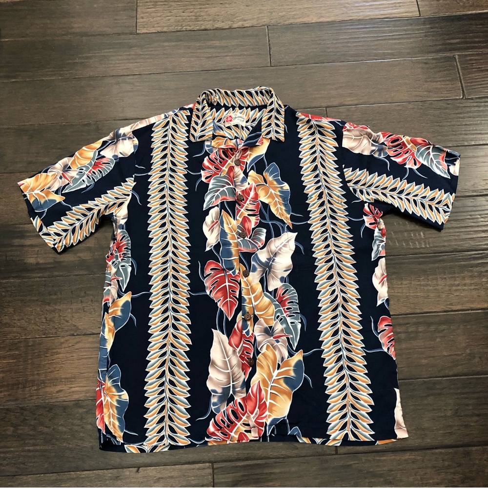 Vtg Hilo Hatties Hawaiian Shirt 90s Mens L Navy Tropical Flora Drapey READ